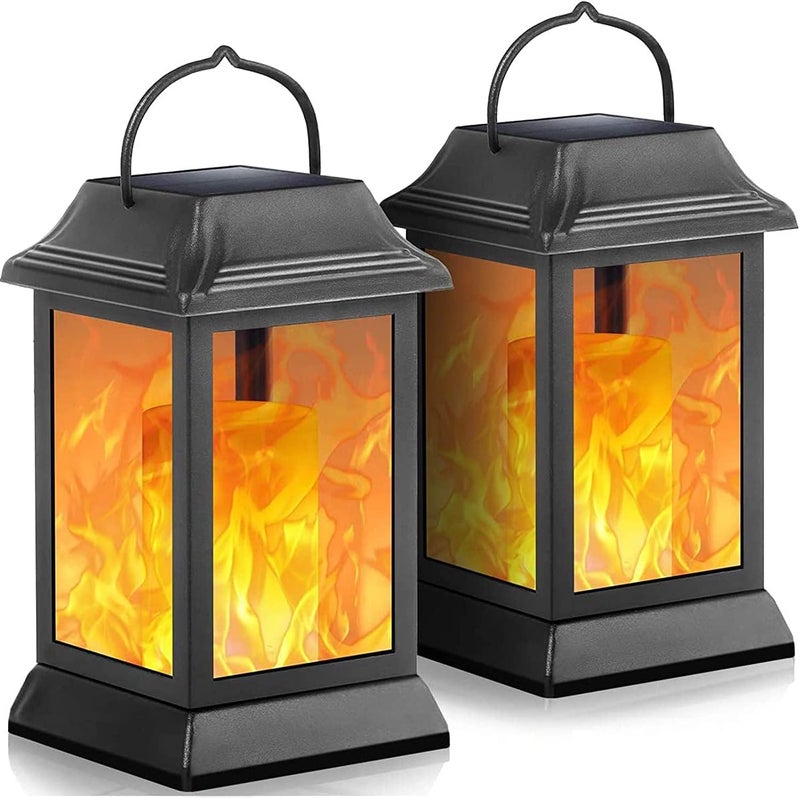 TomCare Solar Lights Metal Flickering Flame Solar Lantern Outdoor Hanging Lanterns Decorative Lighting Heavy Duty Solar Powered Waterproof Umbrella Lighting for Garden Yard Patio Deck, 2 Pack（Black） - Image 1